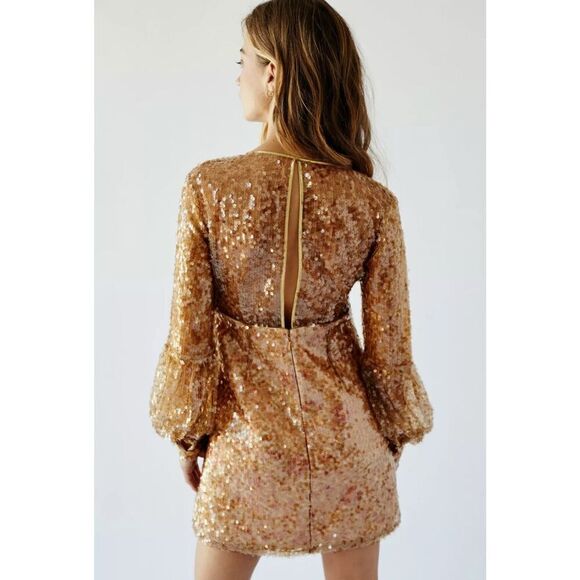 FREE PEOPLE Stars Align Mini Dress 4 Brown Golden Sequin Floral Embroidered nwt - Picture 2 of 14